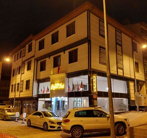 A hotel with a neon sign, multiple flags, and a street view at night.