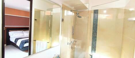 Combined shower/tub, hair dryer, towels, soap