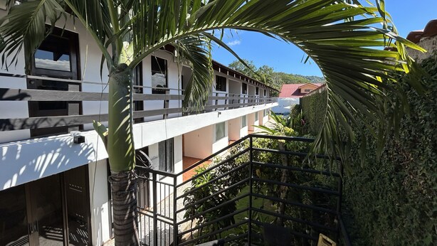 Un immeuble à plusieurs étages doté de balcons, d’un palmier et d’un escalier.