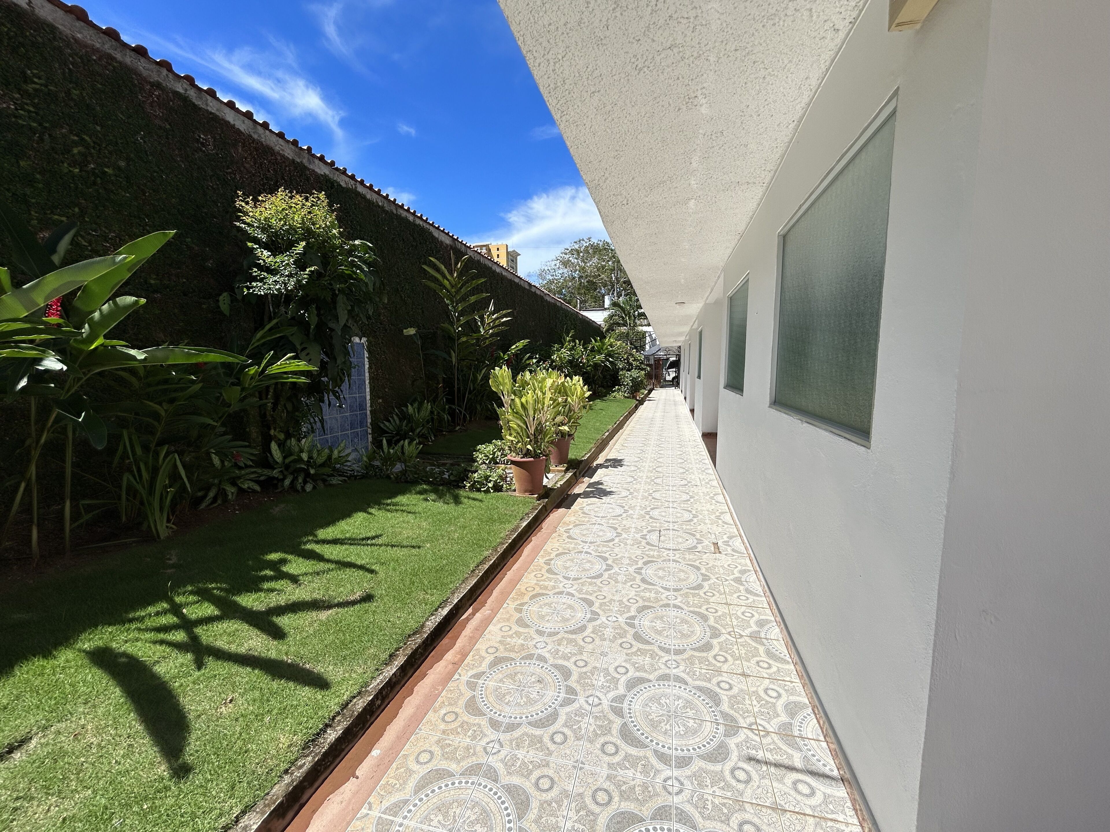 A narrow pathway with patterned tiles leading to a building with a white exterior and large windows.