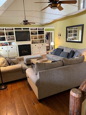 Televisión, chimenea, reproductor de DVD y monitor de computadora 