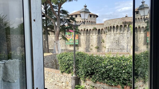 Una ventana con vistas a un muro de piedra histórico, un árbol y una maceta con flores naranjas.