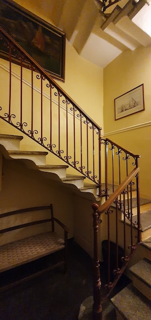 Un escalier orné de rampes en métal et de garde-corps en bois, menant à l’étage supérieur.