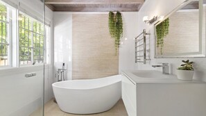 Ducha, secador de pelo, toallas y jabón