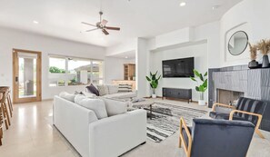 Smart TV, fireplace, video games, DVD player