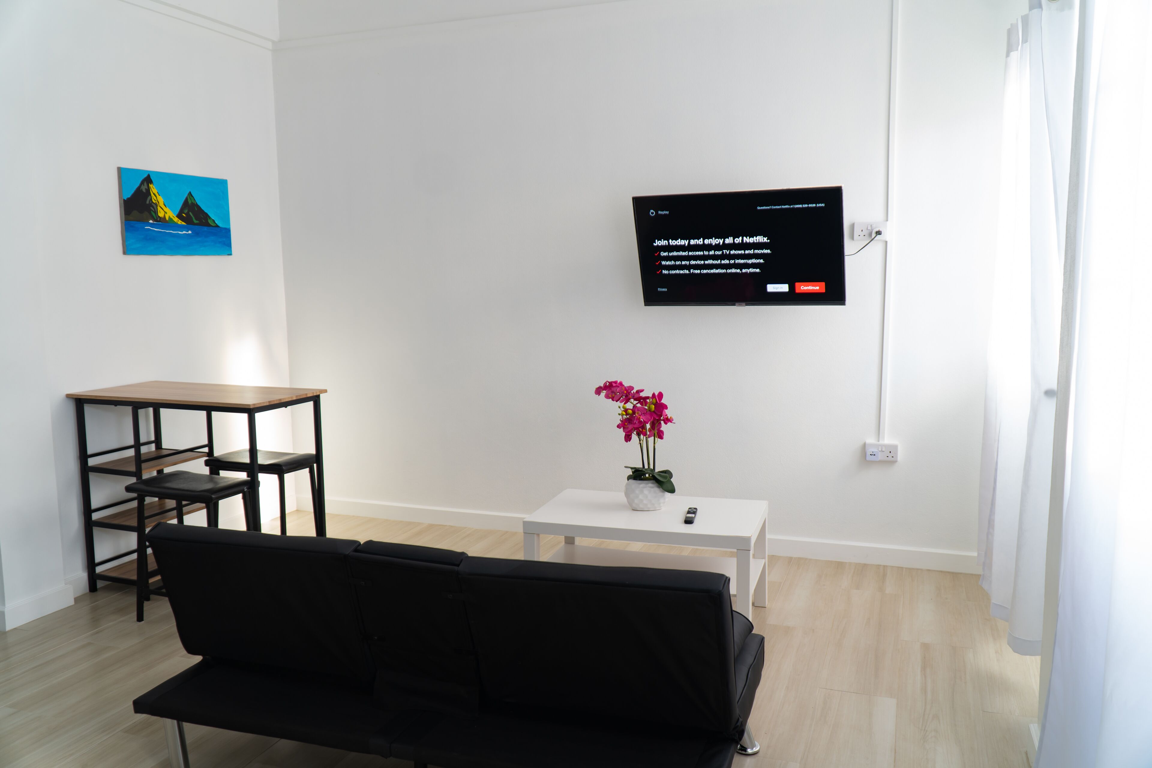 Een woonkamer met een zwarte bank, een witte salontafel met een bloevas, een schilderij aan de muur en een tv met een Netflix-advertentie.