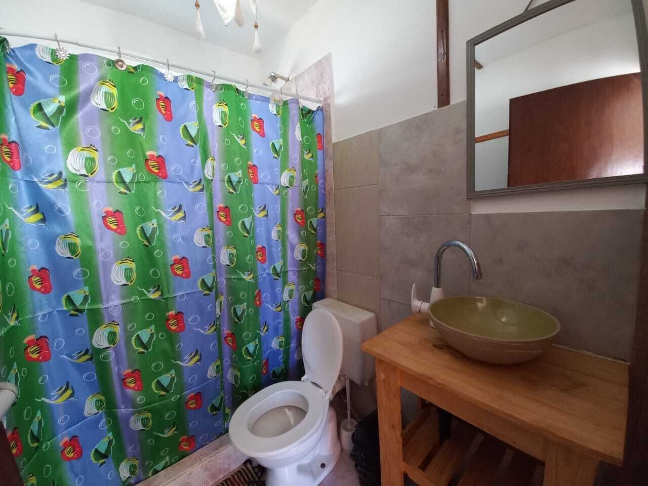 Regadera, toallas, jabón, papel de baño 