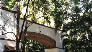 A courtyard with a white building, a concrete pathway, and a large tree. - CONDO BELLA BY TRVL2HM (Puerto Vallarta)