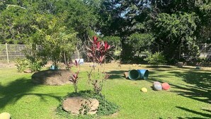 A grassy outdoor area with a rock, a small plant, and a blue barrel. - CONDO BELLA BY TRVL2HM (Puerto Vallarta)