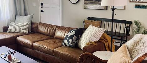 TV connectée, cheminée, livres, chaîne hi-fi