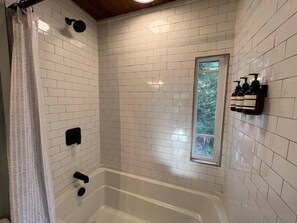 Hair dryer, towels, soap, toilet paper