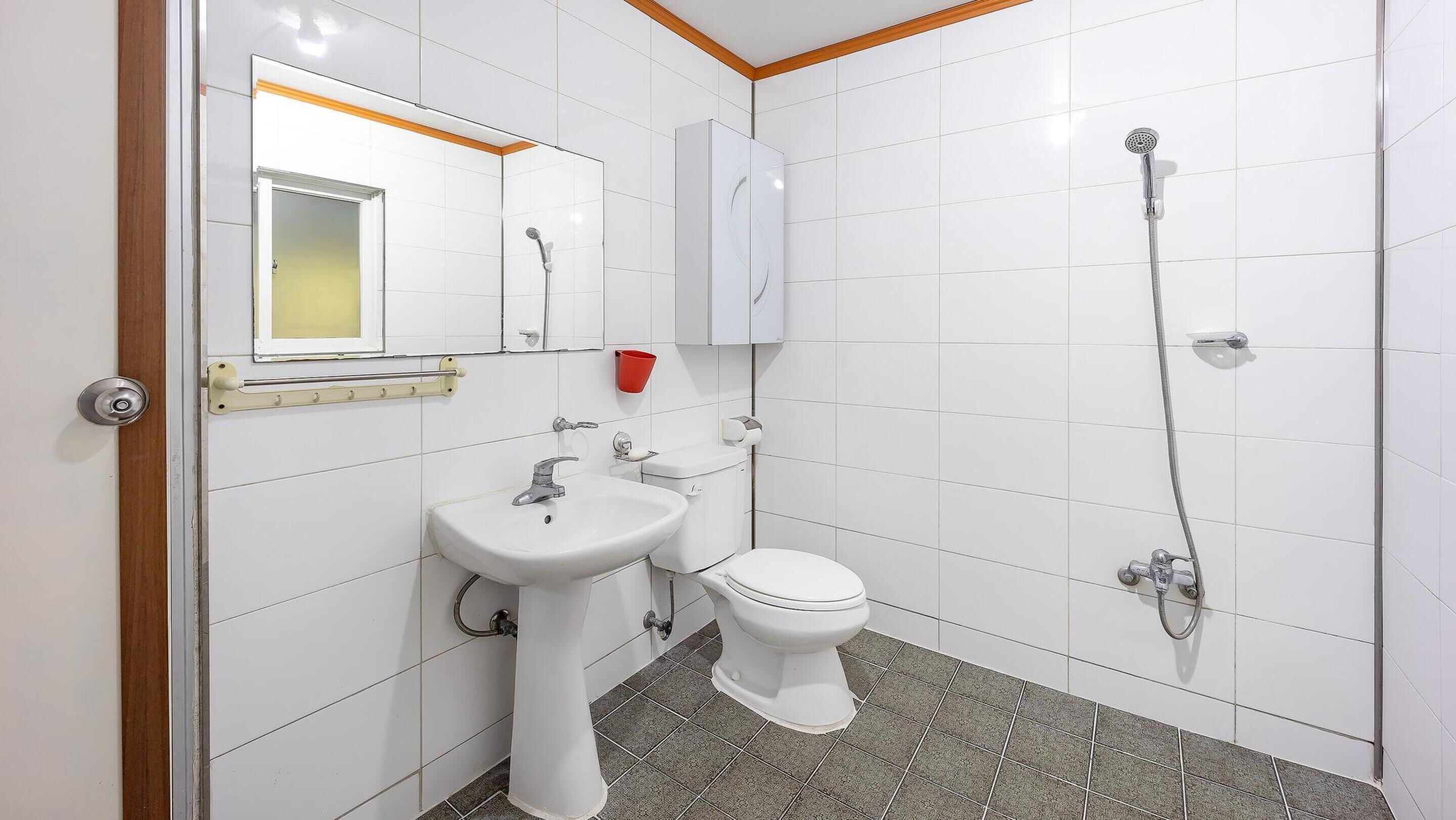 Een badkamer met een wastafel, toilet en douche.