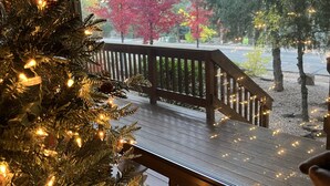 Un albero di Natale illuminato, un pontile in legno e vista sui boschi.