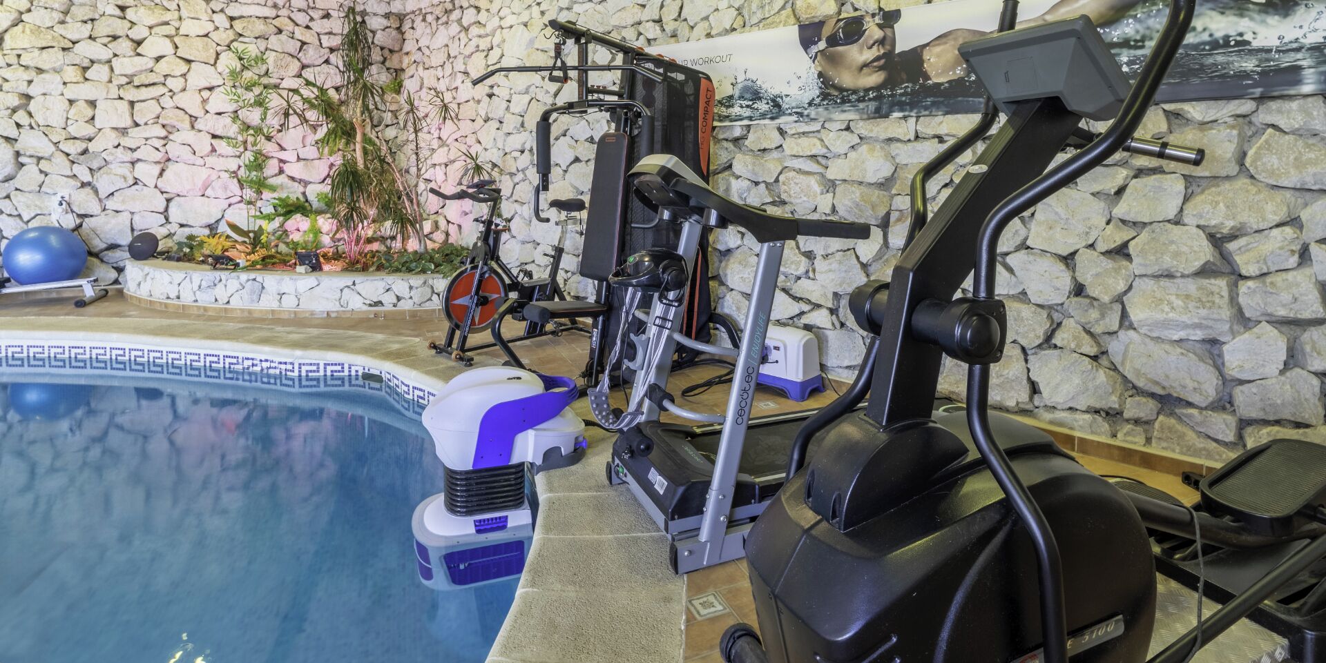 Une salle de sport équipée de matériel d’exercice, une piscine et un mur en pierre orné de plantes.