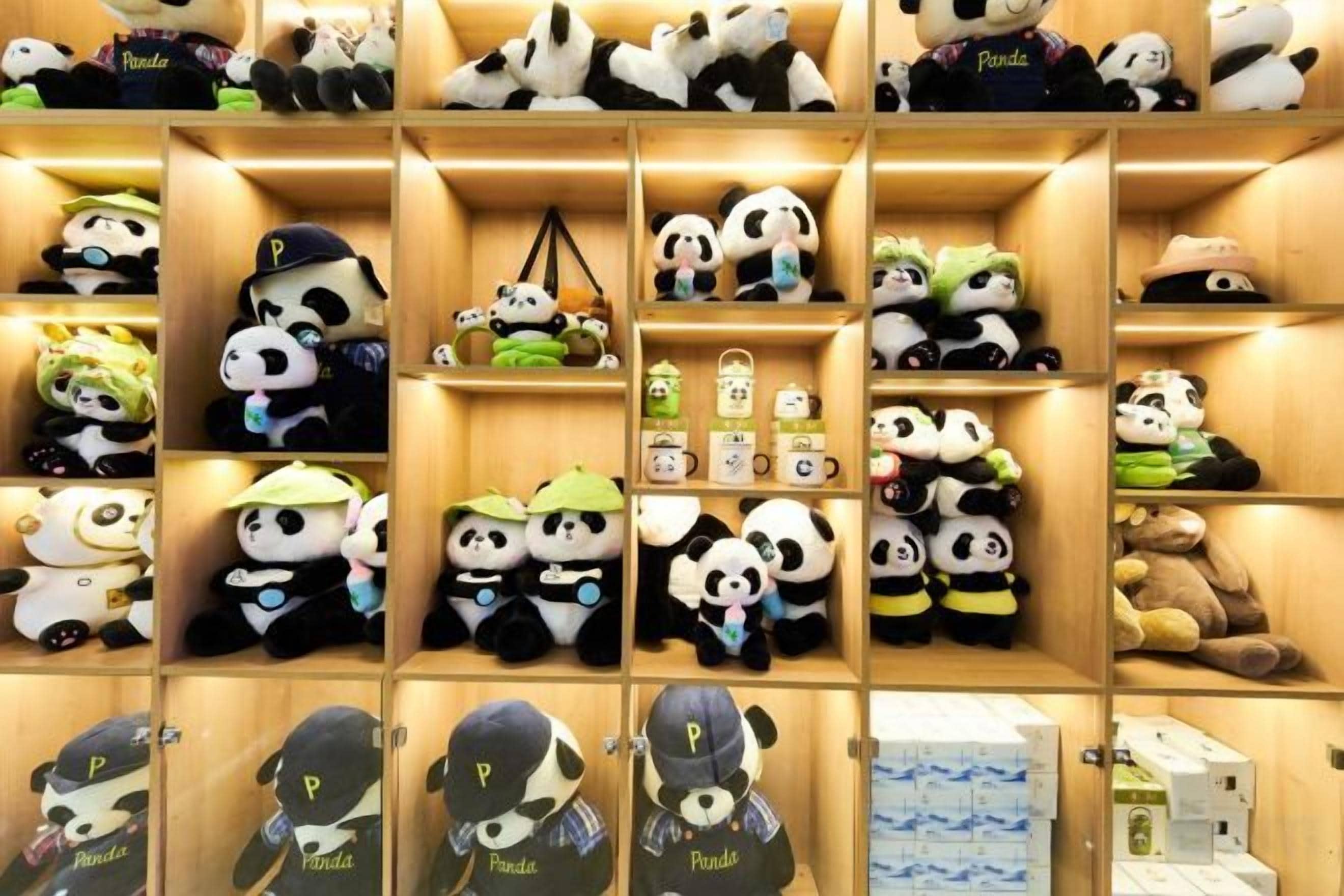 A display of panda-themed merchandise in a wooden shelving unit.