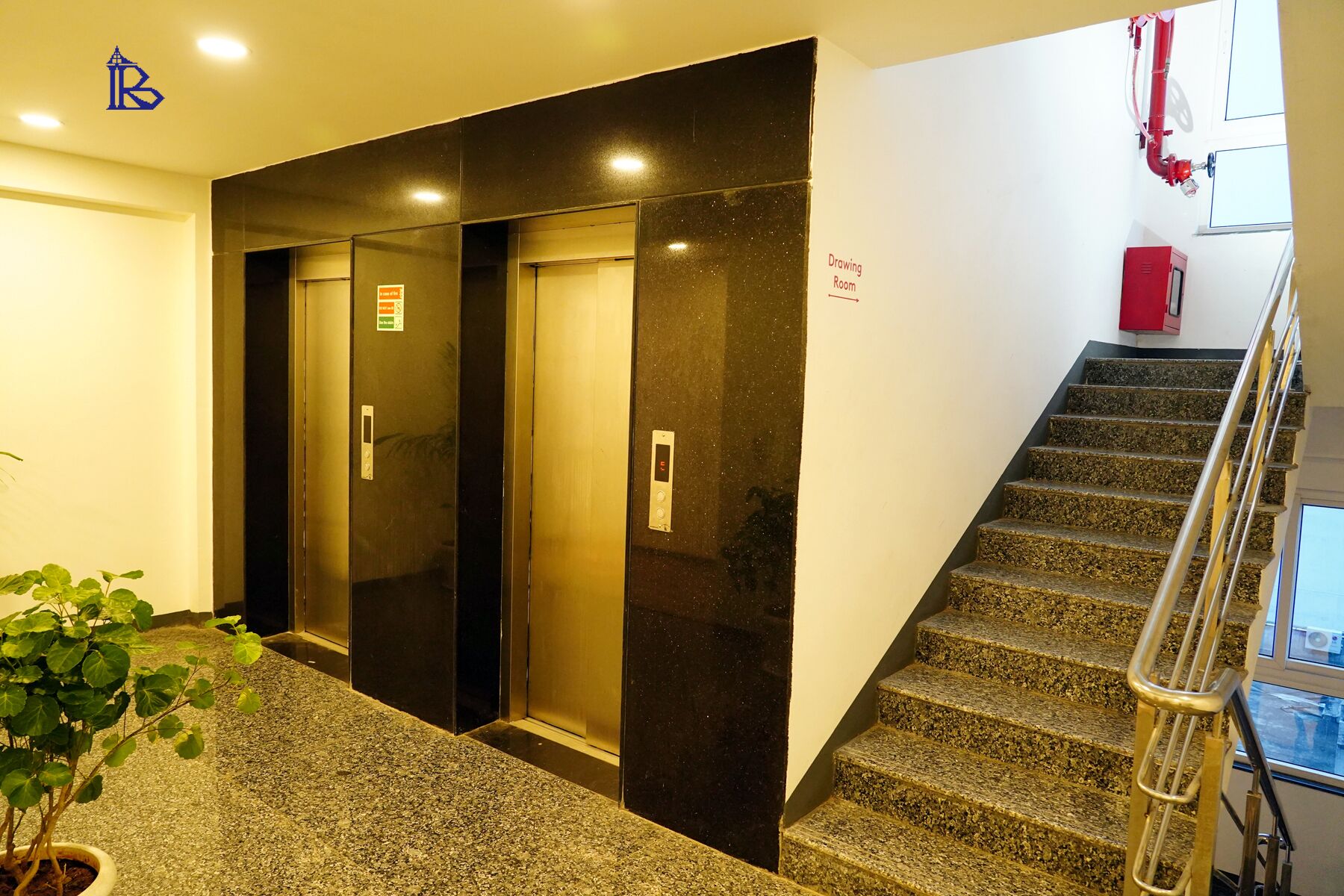 A hotel lobby with a staircase, elevators, and a potted plant.
