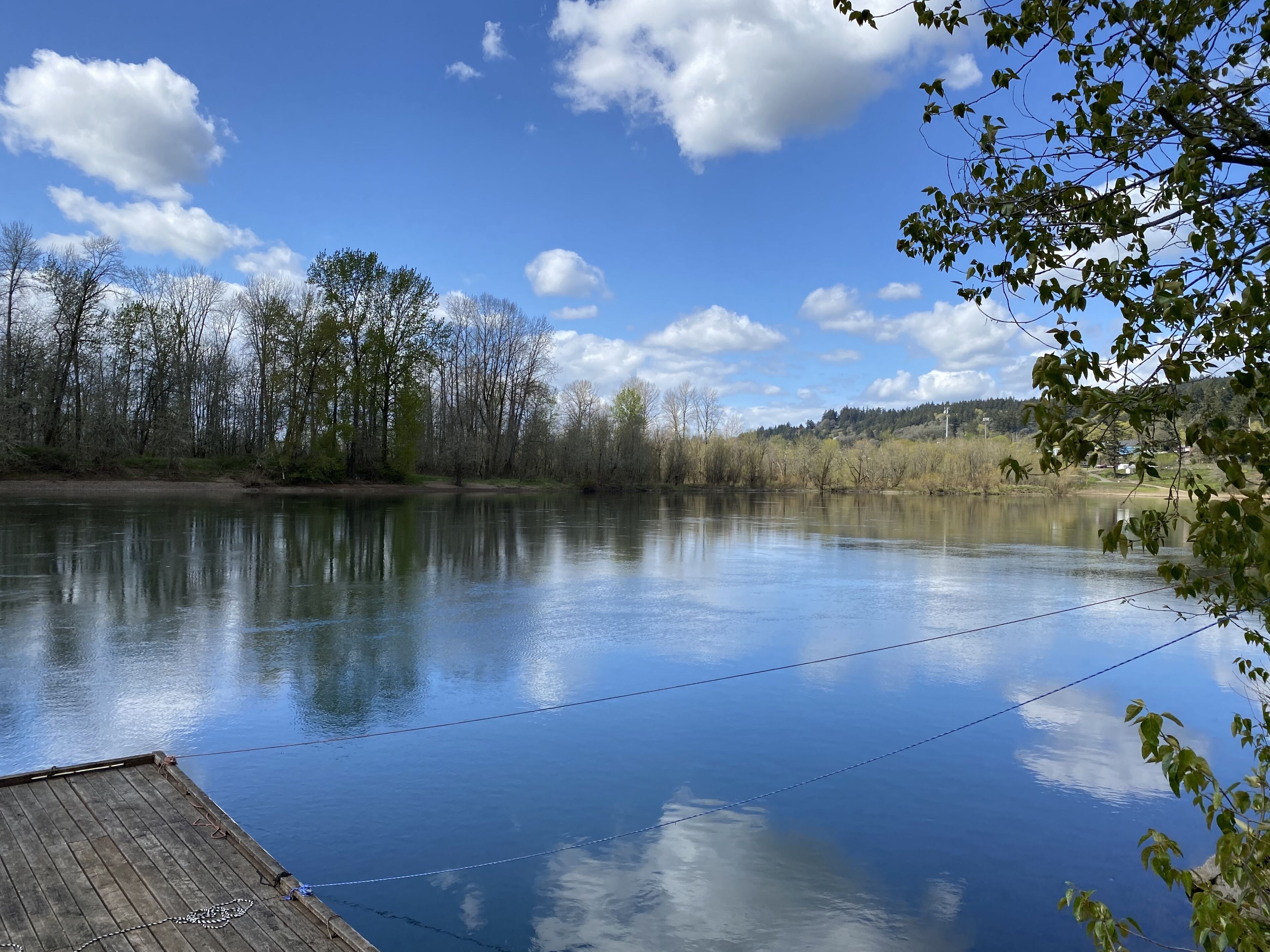 Un lac paisible, avec une jetée en bois qui s’avance sur l’eau.