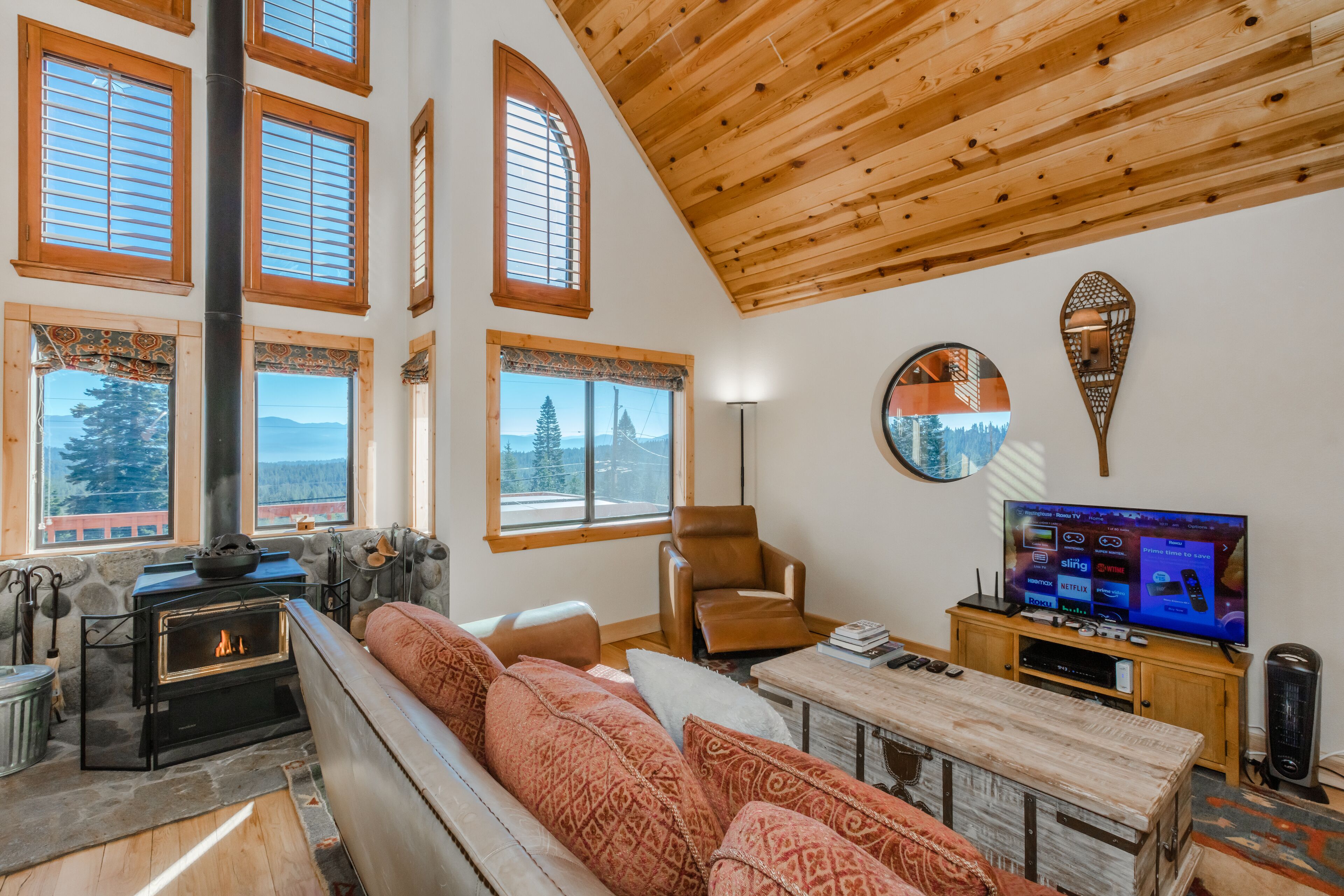 TV, fireplace, video games, video library