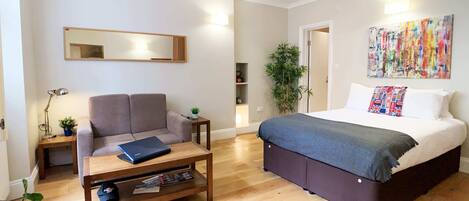 1 bedroom, desk, iron/ironing board, travel cot