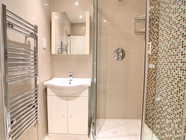 Shower, hair dryer, towels, soap