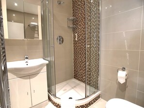 Douche, sèche-cheveux, serviettes fournies, savon