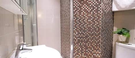 Shower, hair dryer, towels