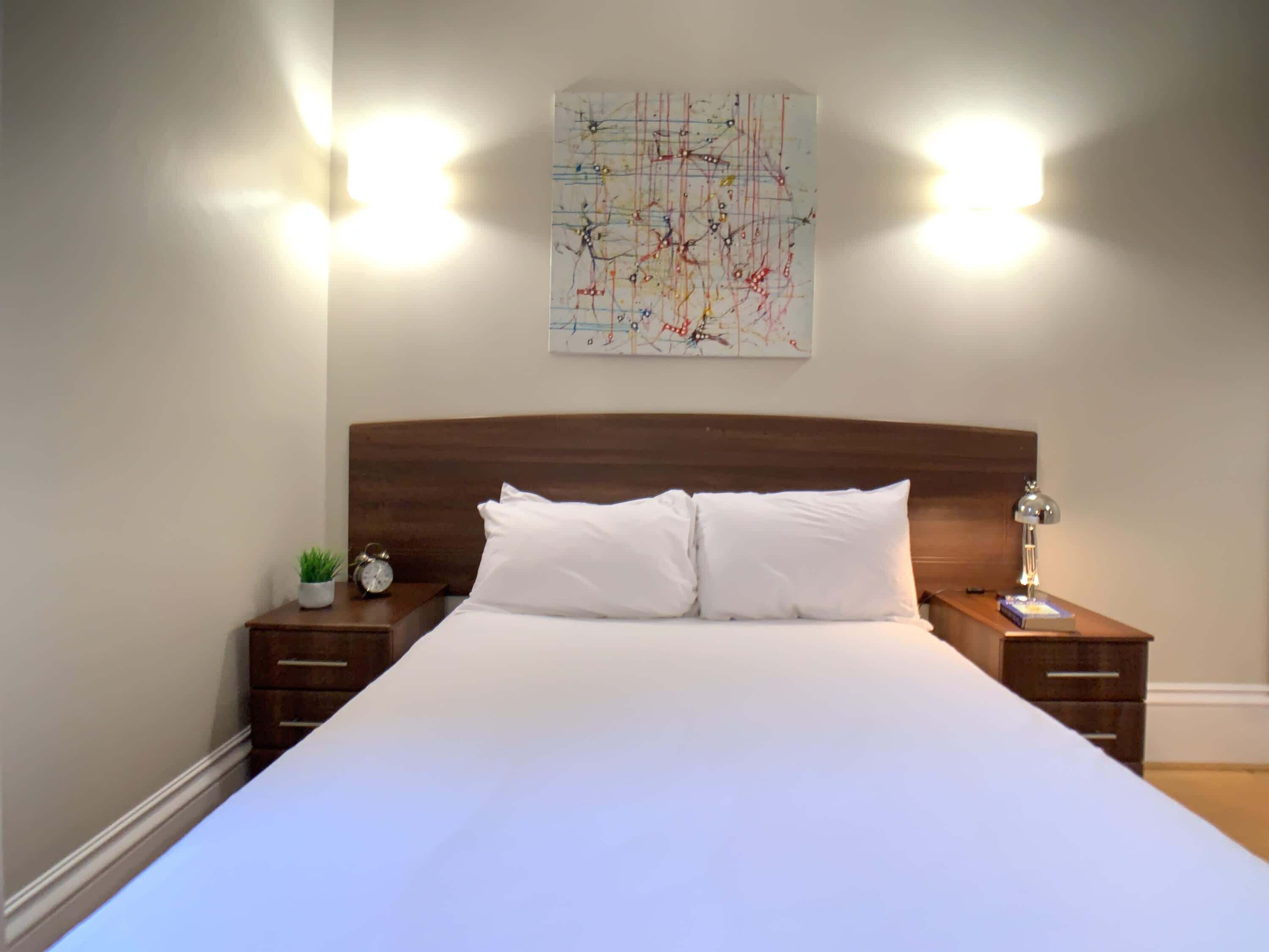 1 bedroom, desk, iron/ironing board, bed sheets