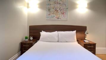1 bedroom, desk, iron/ironing board, bed sheets
