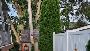Un chemin menant à une maison entourée d’une clôture blanche, un panneau indiquant : « La vie est plus belle au bord de la rivière », et un petit jardin agrémenté de paillis et d’arbustes.