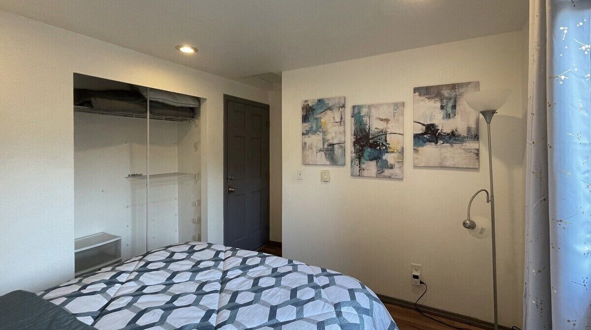 Een slaapkamer met een bed, een kledingkast, een deur en drie abstracte schilderijen aan de muur.