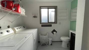Combined shower/bathtub, hair dryer