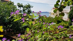 Un jardín con flores moradas y vistas a un cuerpo de agua y edificios al fondo.