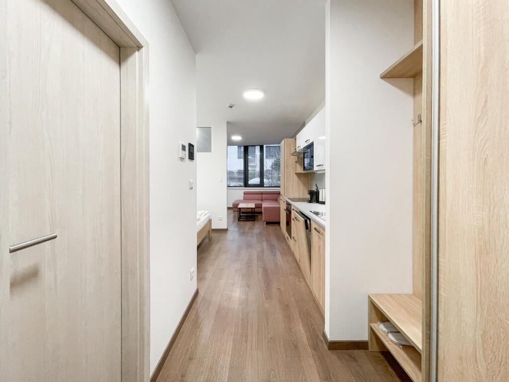 A narrow hallway with wooden flooring leading to a kitchen area with cabinets and a countertop.