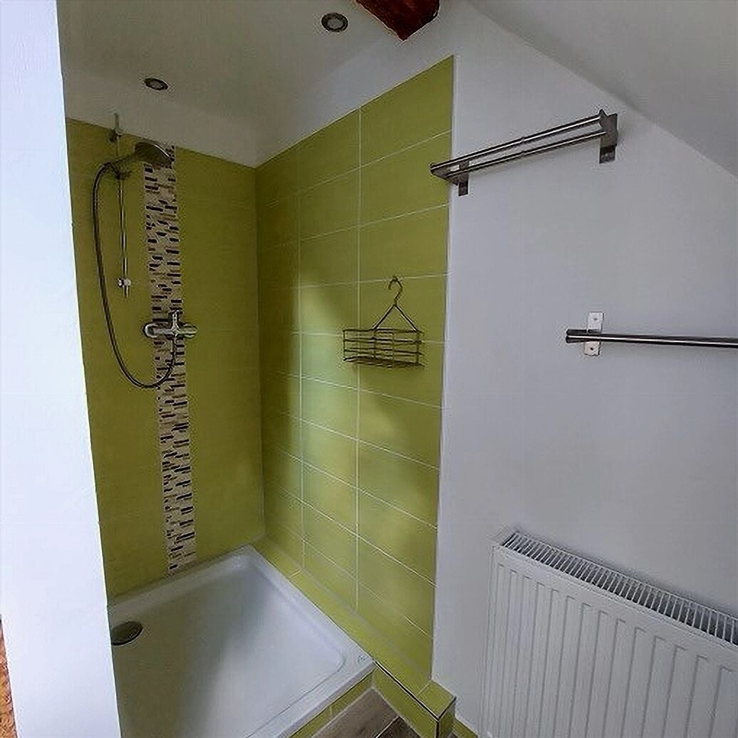 Uma casa de banho com banheira, chuveiro e radiador.