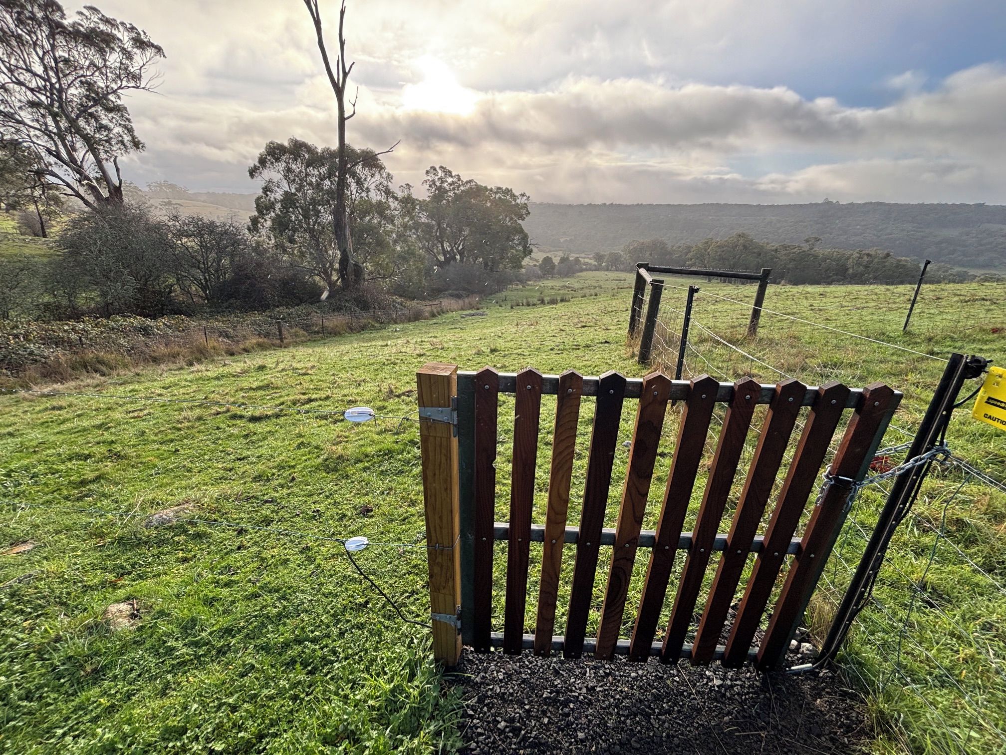Un banc dans un champ verdoyant, avec une clôture et des arbres en arrière-plan.