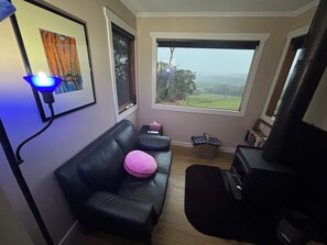 A living room with a black leather sofa, a pink cushion, a framed painting, a window with a view of greenery, and a black television stand.