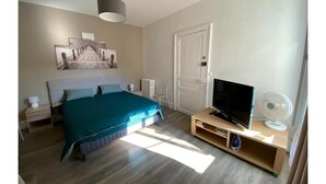 Ein Schlafzimmer mit einem Bett, einem Fernseher, einem Ventilator und einer Tür.
