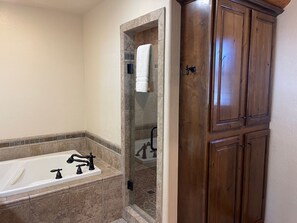 Hair dryer, towels, shampoo