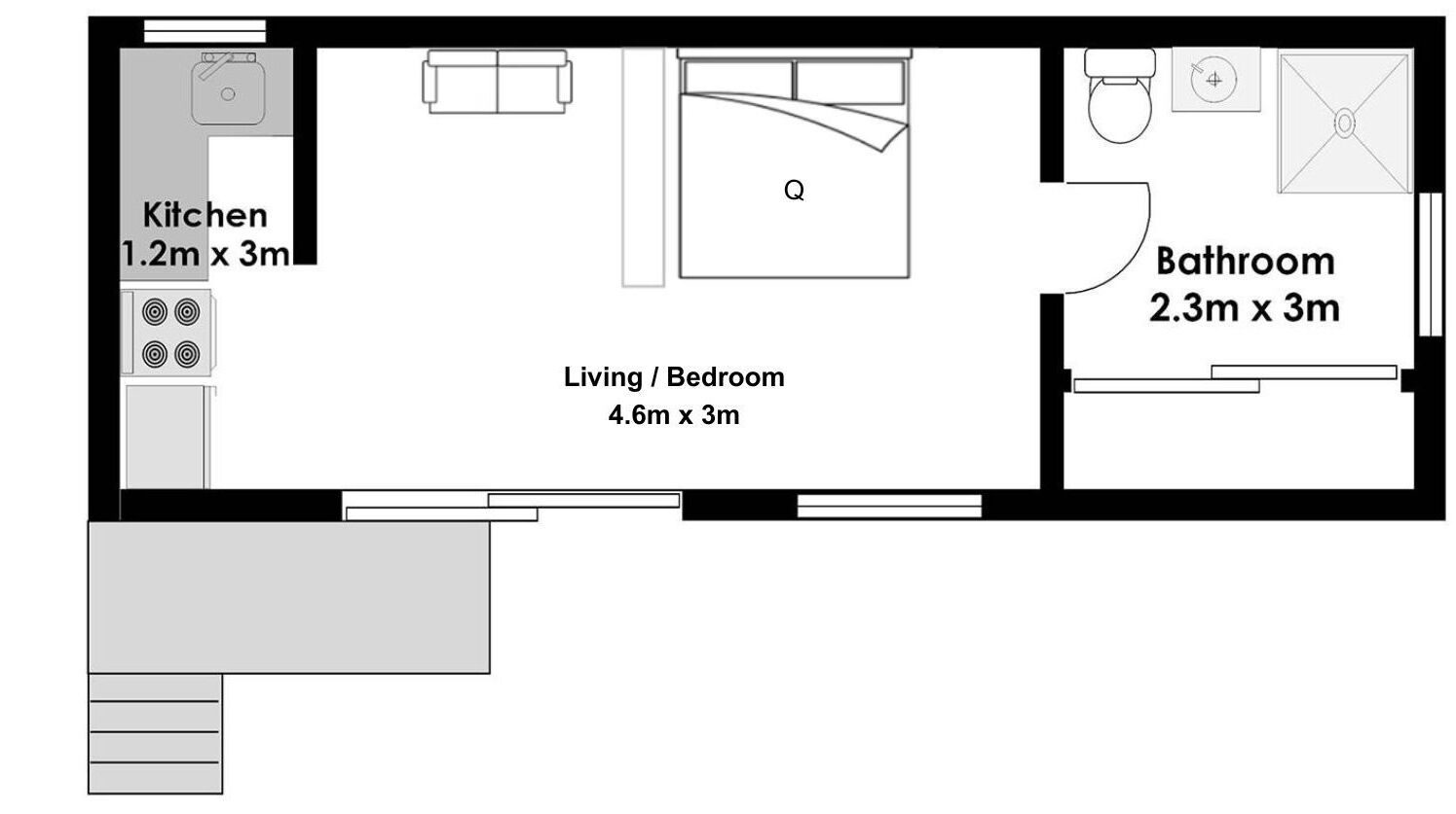 A floor plan with a kitchen measuring 1.2m x 3m, a living/bedroom area of 4.6m x 3m, and a bathroom of 2.3m x 3m.