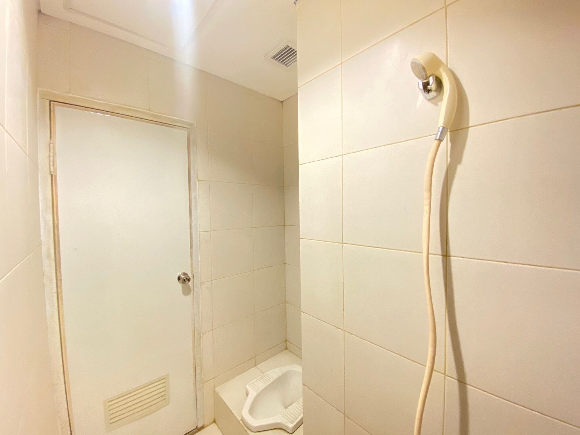 A small, tiled bathroom with a toilet, a shower head, and a door.