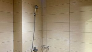 Eine Dusche mit Handbrause und Wandarmatur.