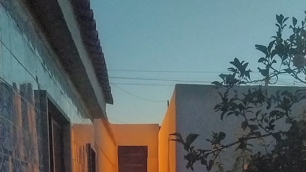 Ein schmaler Pfad führt zu einer Tür, begrenzt von einer gefliesten Wand und einer Pflanze.