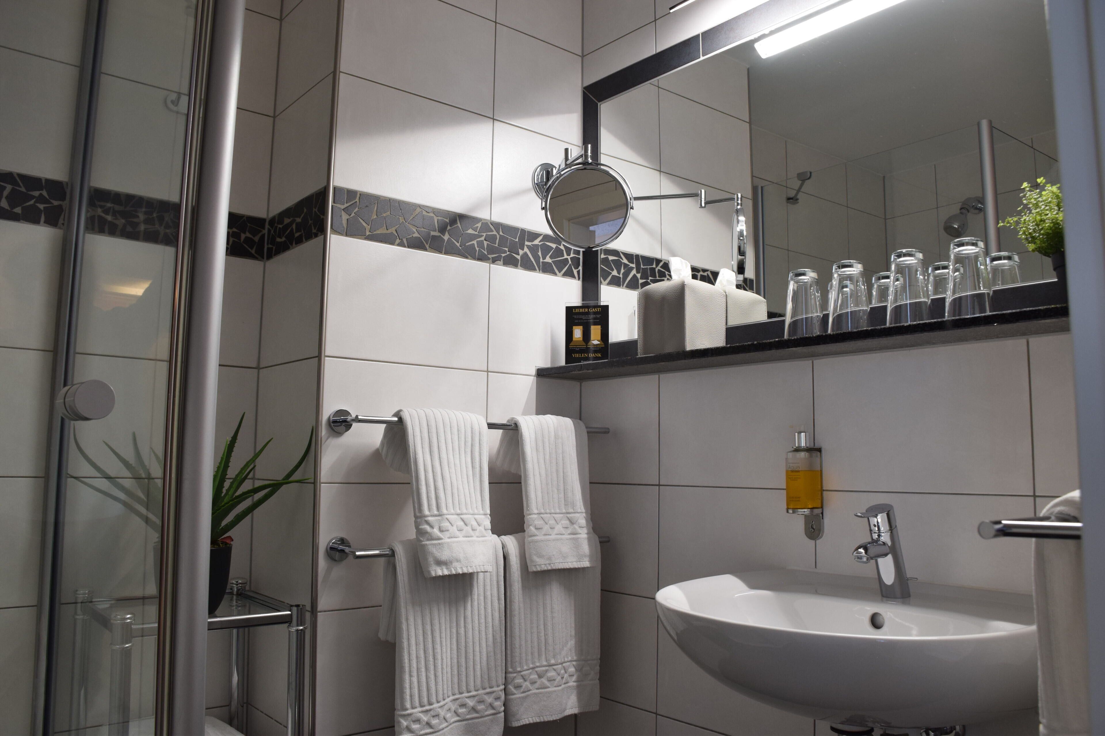 Ein Badezimmer mit Duschkabine aus Glas, einem weißen Waschbecken, einem Spiegel und einem Ablagefach für Toilettenartikel.