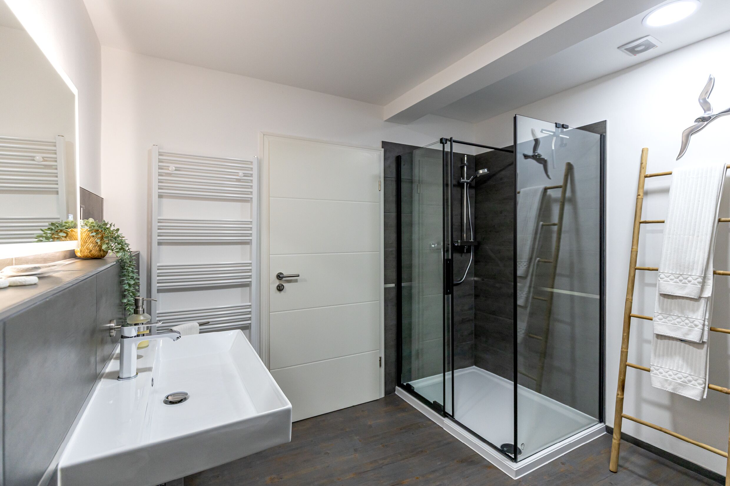A modern bathroom with a glass-enclosed shower, a white sink, and a towel rack.
