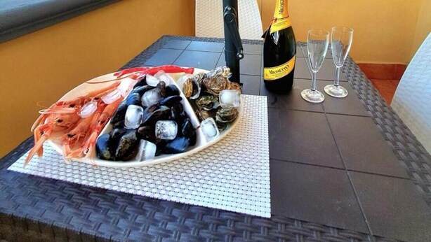 A table with a bottle of champagne, two glasses, and a seafood platter on a balcony with potted plants and a striped awning. - Black Suite With Terrace, sea View Located in the Center (Margherita di Savoia)