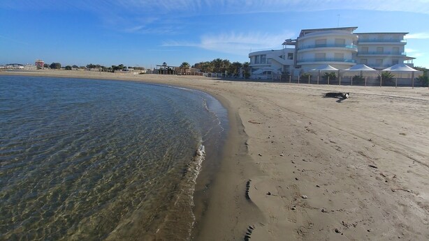 A beach with clear water, a sandy shore, and a multi-story building with balconies in the background. - Splendid Quadruple in the Center, 2 Steps From the sea (Margherita di Savoia)