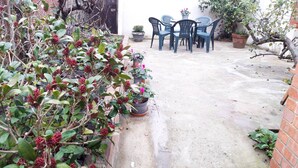 Un espace patio aménagé avec une table et des chaises, entouré de plantes en pot et d’un petit jardin.