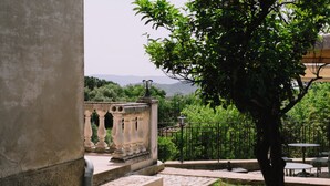 A courtyard with a stone balustrade, a tree, and a view of distant hills. - L'Orangeraie d'Afa (Afa)
