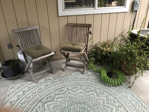 Two wooden chairs with cushions, a patterned rug, and potted plants. - Quiet home, comfortable, private bathroom (Healdsburg)