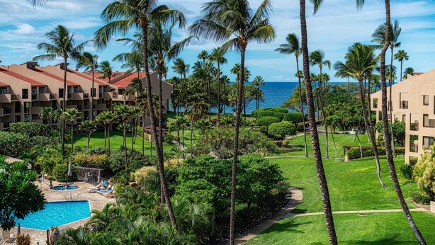 A resort with multiple buildings, a swimming pool, and palm trees.